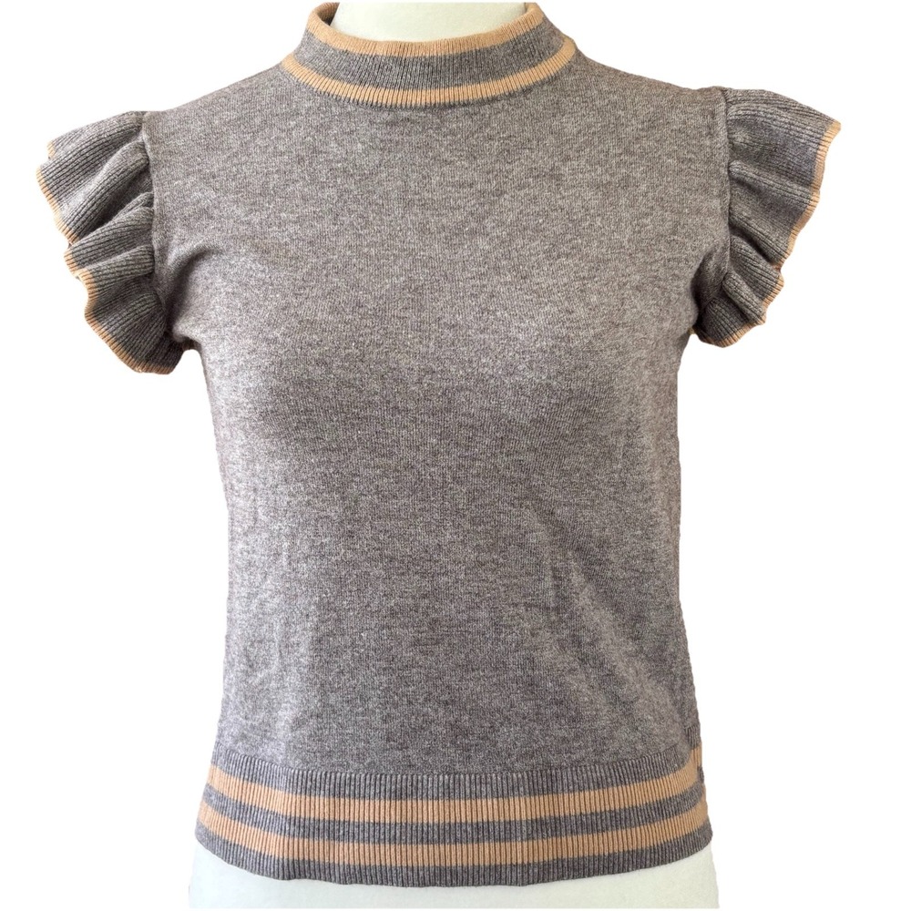 THML Gray & Tan Sweater Vest‎ Women's XS Ruffled Sleeve Mock Neck Preppy Top